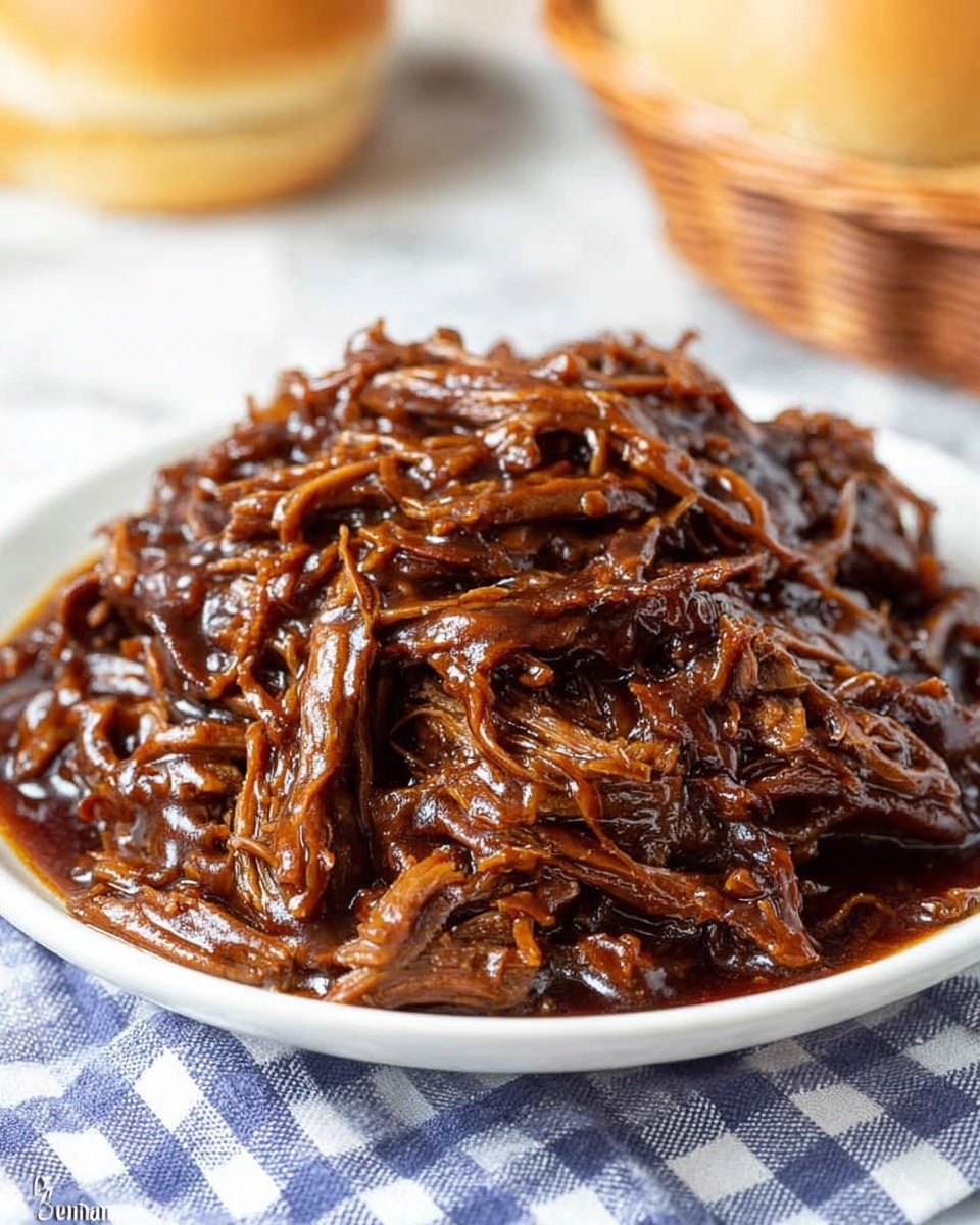 The image shows small white biscuit bases topped with a mound of dark brown shredded meat mixed with a shiny sauce. The biscuit looks soft with a slightly rough texture, and the shredded meat is glossy and rich in color, piled high on each biscuit. They are placed on white parchment paper over a wooden board, all set on a white marbled background. In the front, one biscuit is in clear focus, while others blur into the background. photo taken with an iphone --ar 4:5 --v 7
