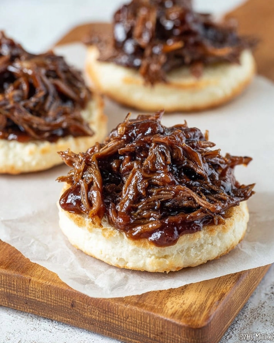 A close-up of a white plate filled with a pile of dark brown, shredded meat covered in a glossy, thick sauce that makes the texture look moist and sticky. The meat strands are clearly visible, layered loosely on top of each other, with some pieces having a slightly darker, caramelized look. The plate rests on a white marbled surface with a blue and red striped cloth partially visible under the plate. In the background, there are blurry brown rolls adding to the cozy setting. photo taken with an iphone --ar 4:5 --v 7
