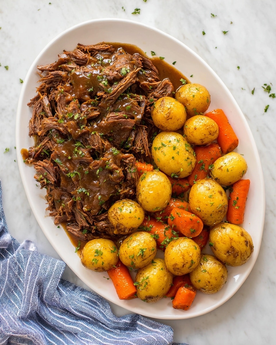 A white oval plate holds a two-part meal. On the left side, there is a large pile of shredded brown meat covered in a glossy, rich brown sauce with small bits of green herbs sprinkled on top. On the right side, there are golden roasted baby potatoes mixed with thick slices of bright orange carrots, all coated with a shiny glaze and scattered with small green herbs. The plate rests on a white marbled surface with a blue and white striped cloth partially visible by the plate's bottom right edge. photo taken with an iphone --ar 4:5 --v 7