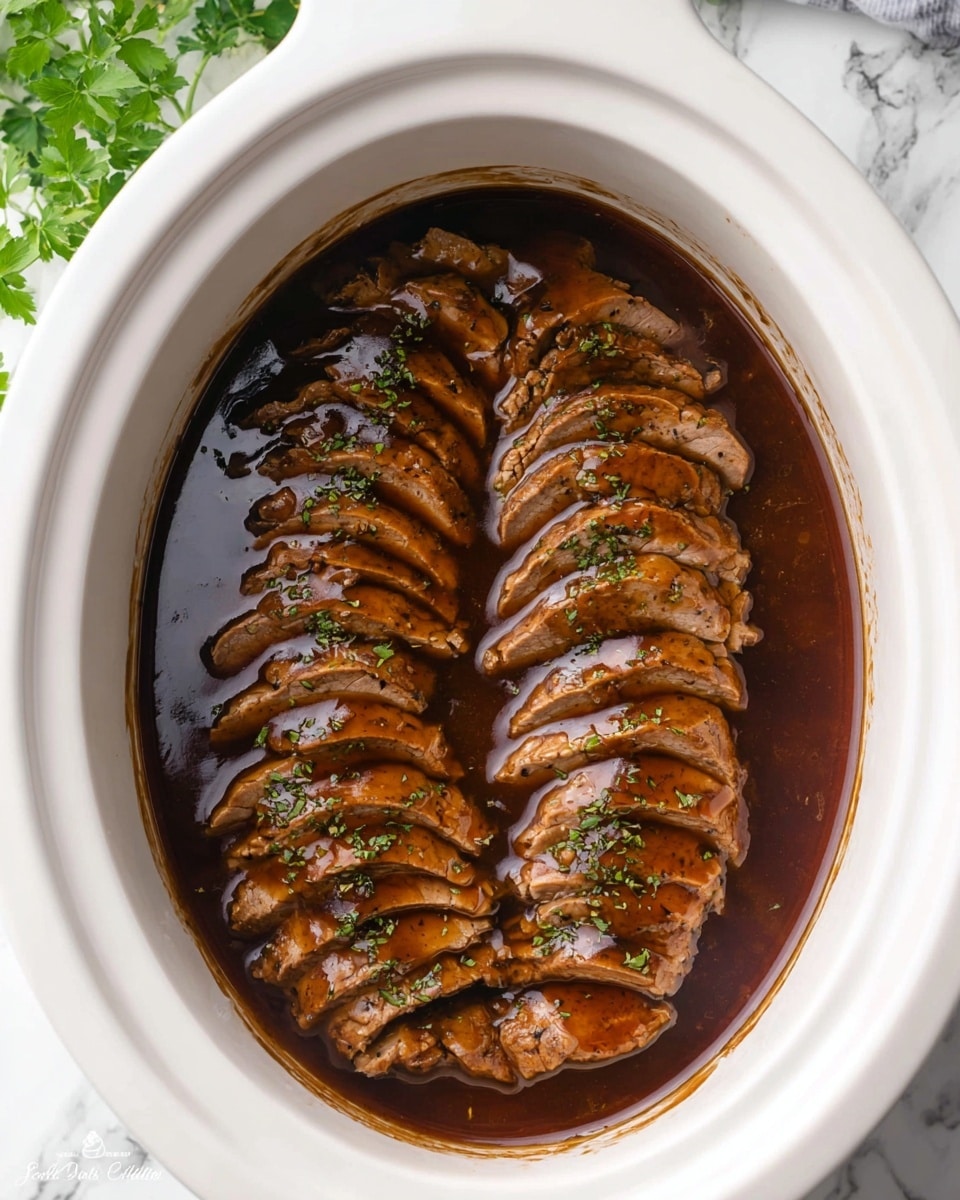 The image shows two rows of thick sliced cooked meat arranged side by side inside a white slow cooker. Each meat slice is coated with a shiny, dark brown sauce that pools at the bottom, creating a rich layer beneath the meat. Small bits of green herbs are sprinkled evenly over the meat slices, adding a fresh touch of color. The white slow cooker sits on a white marbled surface, with a bit of blue fabric visible at the bottom right corner and some green leafy herbs in the top left corner. photo taken with an iphone --ar 4:5 --v 7