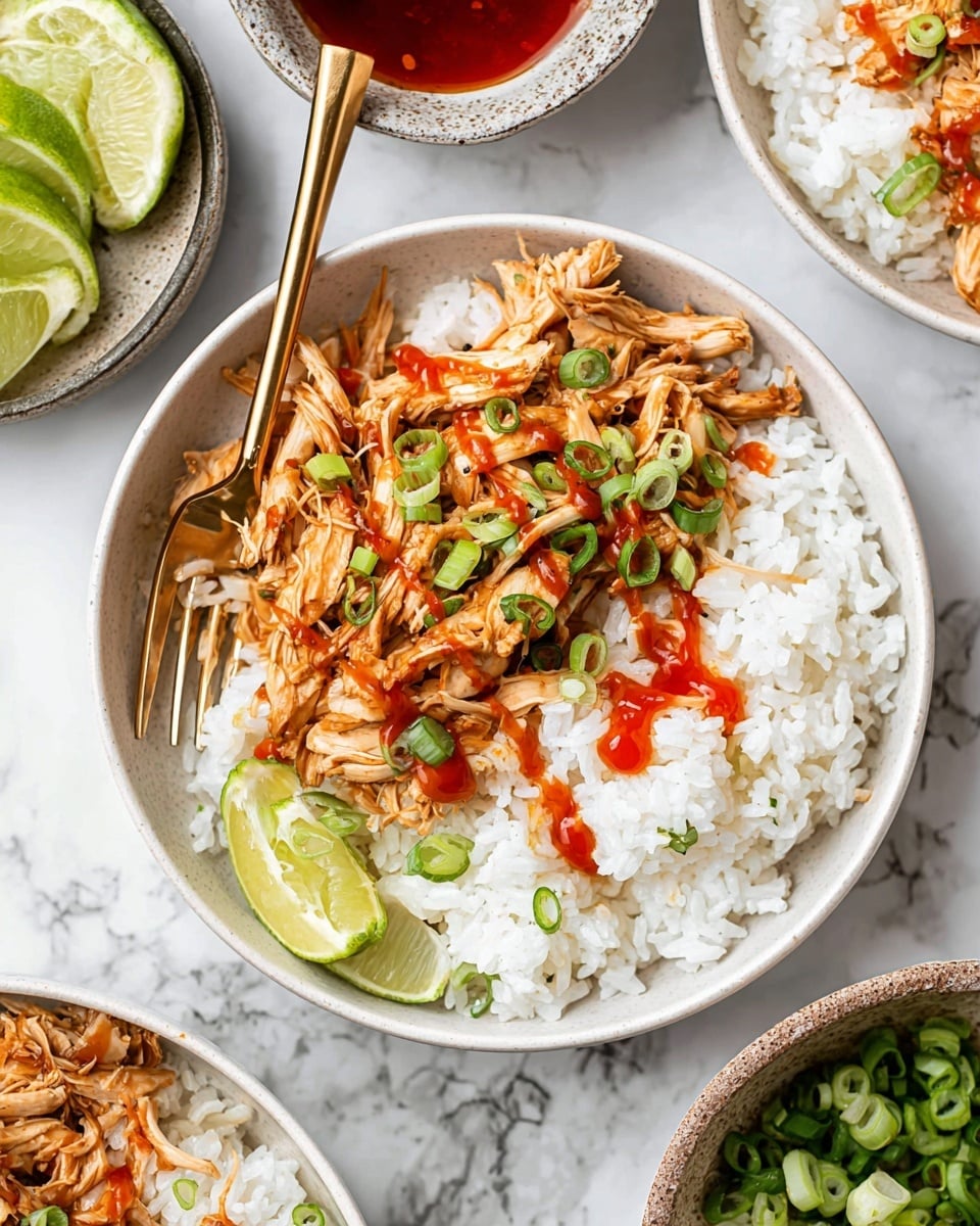 The image shows a white bowl filled with two layers: on the bottom, fluffy white rice, and on top, shredded brown meat mixed with thin, bright green slices of scallions. The meat is drizzled with red hot sauce that adds small bright spots across the dish. A gold fork is placed inside the bowl, resting on the rice and meat. Around the bowl are lime wedges, a sauce container filled with a red sauce, and parts of two more similar bowls filled with the same rice and meat mix. The background is a white marbled texture. photo taken with an iphone --ar 4:5 --v 7