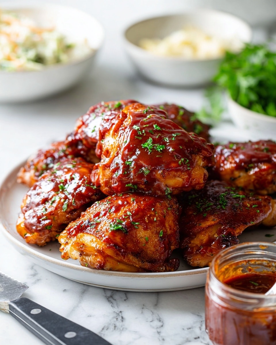 A white bowl filled with about ten pieces of chicken thighs stacked together, all covered in a shiny dark reddish-brown sauce with a thick texture. The chicken skin looks crispy and glazed, and fresh green parsley pieces are sprinkled evenly over the top. In the soft-focused background, there is a white bowl with yellow tortilla chips and another white bowl with a green and purple salad. A small white jar with sauce and a spoon inside is also visible. The whole scene is set on a white marbled surface. Photo taken with an iphone --ar 4:5 --v 7
