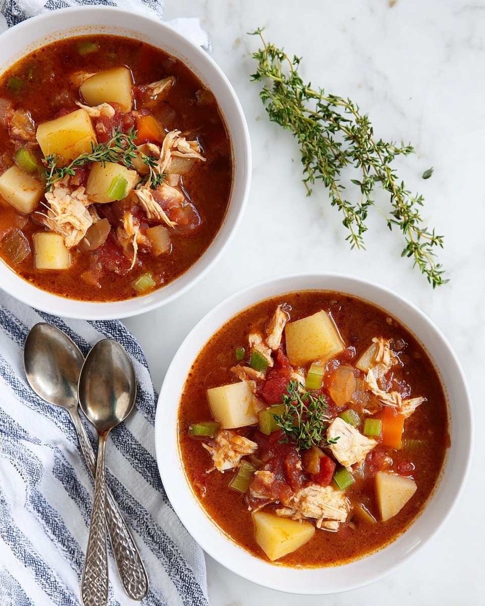 Two white bowls are filled with a chunky vegetable and chicken soup, each bowl showing layers of light brown and pinkish chicken pieces, yellow and light brown potato chunks, orange carrot slices, green celery, and red tomato pieces floating in a rich, red broth. Each bowl is garnished with a small sprig of fresh green herbs. Next to the bowls are two shiny silver spoons placed on a surface with white marbled texture, accompanied by more green herb sprigs. A white and gray striped cloth is casually draped nearby. Photo taken with an iphone --ar 4:5 --v 7