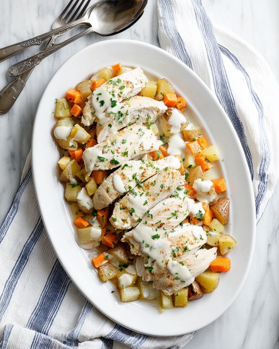 The dish on a white oval plate has four pieces of light beige cooked chicken with a smooth texture, each placed on a bed of diced vegetables made up of orange carrots and pale yellow potatoes mixed together. A creamy white sauce is drizzled over the chicken and vegetables in thin lines, and small green chopped herbs are sprinkled on top for color contrast. The plate is set on a white marbled surface with a blue and white striped cloth nearby and dark silver serving utensils placed beside the plate. photo taken with an iphone --ar 4:5 --v 7