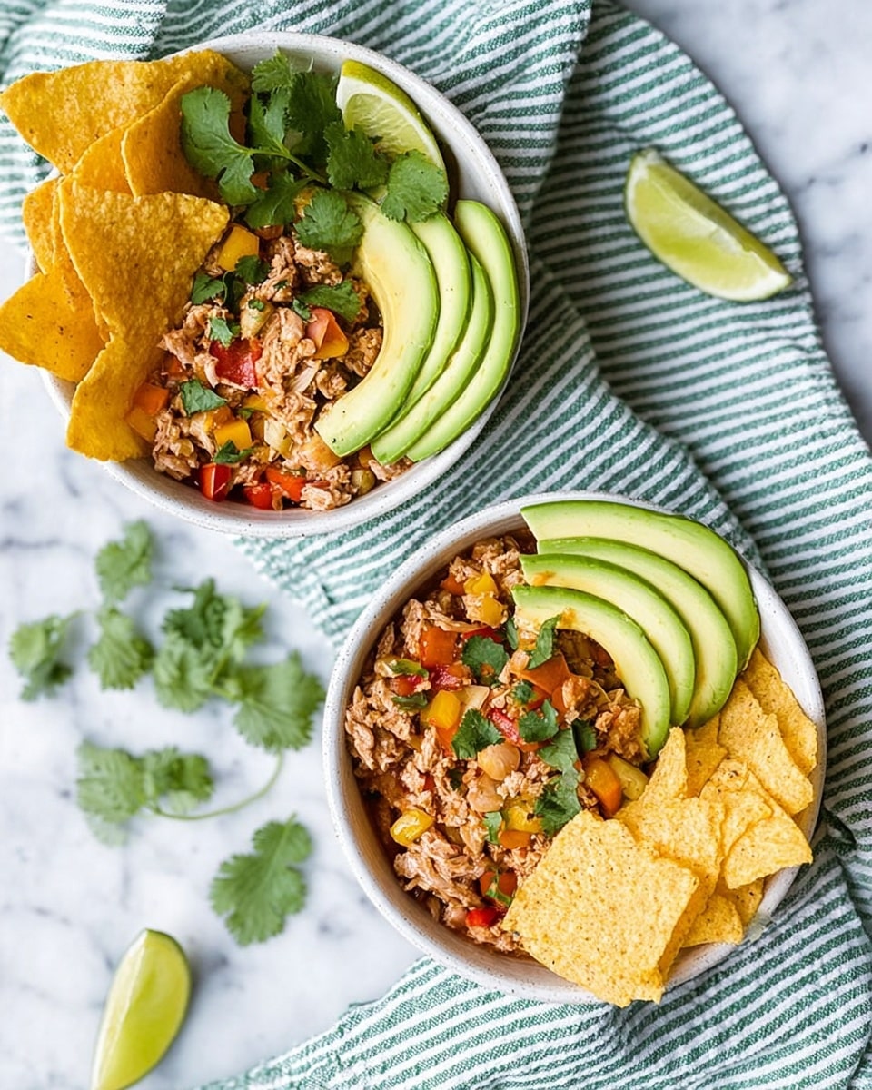 Two white bowls sit on a white marbled surface with a green and white striped cloth nearby. Each bowl has three main layers: the bottom layer contains shredded cooked chicken mixed with small pieces of red and yellow bell peppers and some green cilantro leaves scattered on top. To one side of the bowl, there are several folded avocado slices in light green. On the other side, there are crispy golden tortilla chips stacked neatly. Each bowl also includes a lime wedge placed on the shredded chicken near the avocado and chips. Photo taken with an iphone --ar 4:5 --v 7