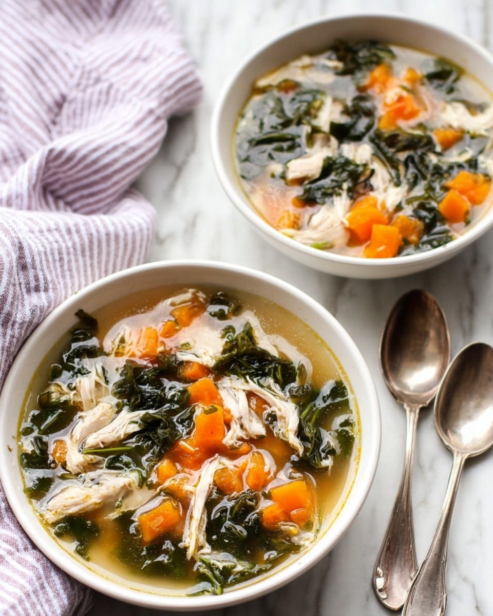 Two white bowls sit on a white marbled surface, each filled with clear broth soup. Inside the soup are visible bright orange chunks, dark green leafy pieces, and shredded light beige meat scattered through the liquid. The soup layers show the orange chunks mostly floating near the top, with the shredded meat and greens mixed throughout. Two aged silver spoons lie crossed beside the nearer bowl on the white marbled surface, and a soft purple fabric is partially visible in the background. photo taken with an iphone --ar 4:5 --v 7