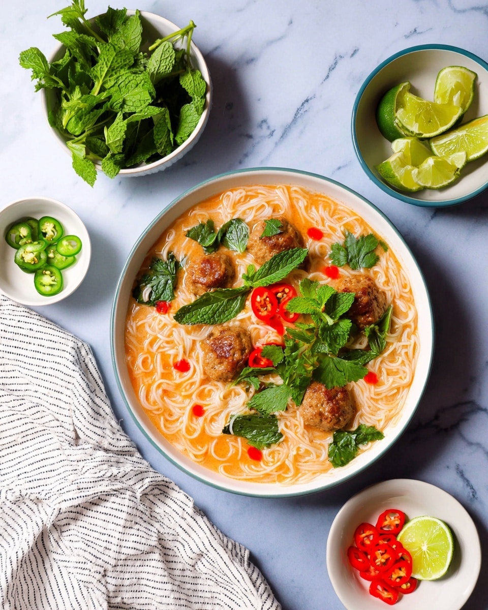 A white bowl filled with a light pink creamy soup containing thin white noodles and several tan meatballs scattered on top. Fresh green mint and cilantro leaves are layered throughout, along with a few dark green leafy herbs. At the center, there are slices of red and green chili peppers with small red sauce drops on the surface. Surrounding the bowl are smaller white bowls holding bright green lime wedges, fresh green mint sprigs, and sliced red and green chili peppers. Fresh cilantro sprigs are placed on the white marbled surface, with a folded textured white and gray cloth partially visible near the top of the image. Photo taken with an iphone --ar 4:5 --v 7