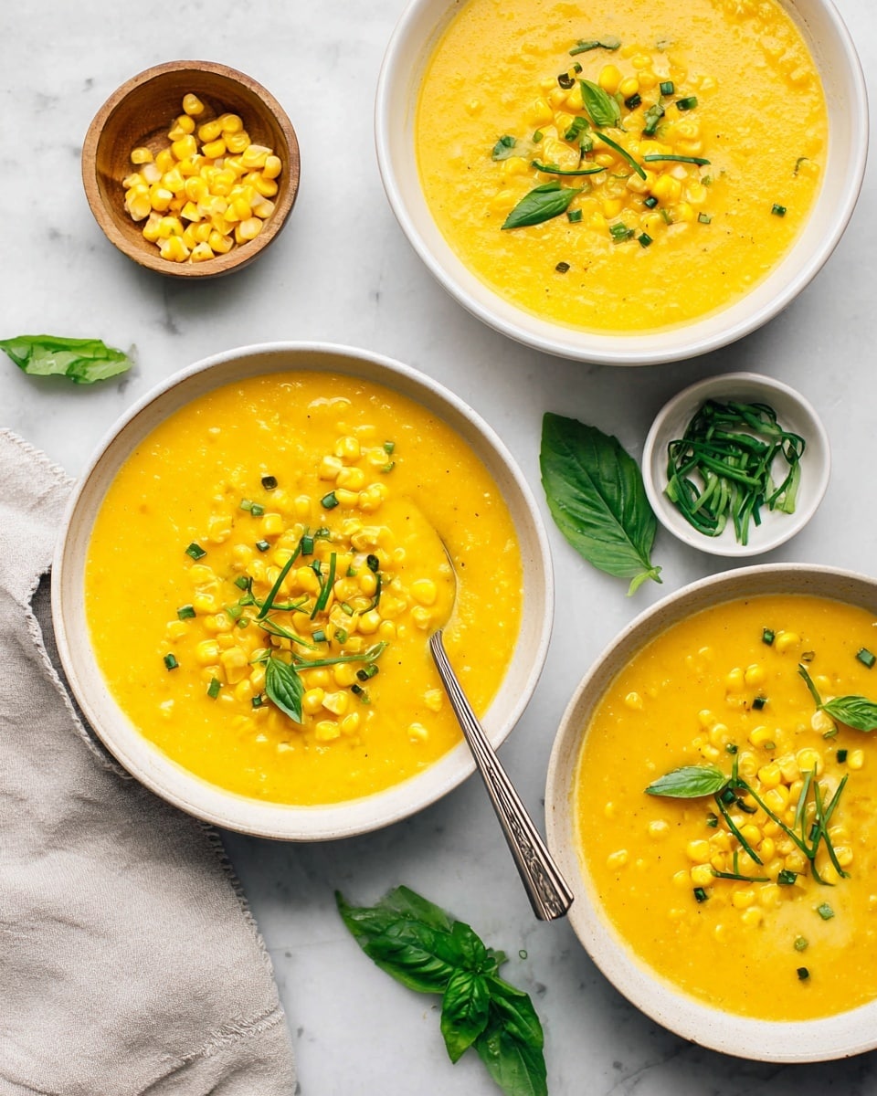 Three white bowls filled with smooth, bright yellow corn soup are placed on a white marbled surface. Each bowl has a layer of sweet corn kernels and small green chives sprinkled on top, with a few fresh green basil leaves for decoration. One bowl at the bottom has a silver spoon resting inside it, slightly stirring the corn soup. Around the bowls, there are scattered basil leaves and small bowls containing extra corn kernels and chives. A soft gray cloth is placed near the bottom left corner. photo taken with an iphone --ar 4:5 --v 7