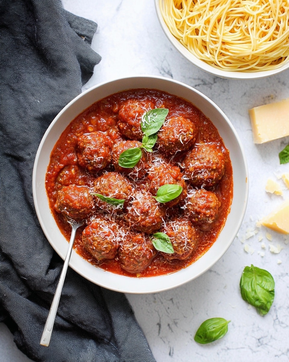 A white bowl filled with many round meatballs covered in rich, thick red tomato sauce, sprinkled lightly with grated cheese and topped with fresh green basil leaves of different sizes=