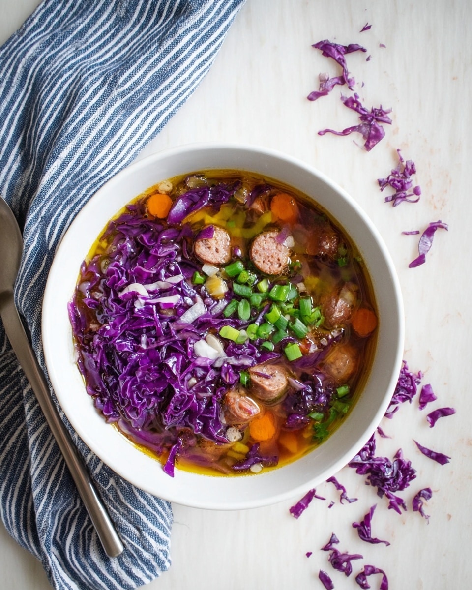 A white bowl sits on a white marbled surface with a striped blue and white cloth beside it and a spoon on the right. Inside the bowl, the dish has a thick broth with three distinct layers: the bottom layer is filled with dark red-purple broth, the middle layer has slices of dark brown sausage and small orange carrot pieces mixed in, and the top layer is divided into three parts with finely chopped light green onions on the left, chopped green scallions in the center, and shredded bright purple cabbage on the right, with some extra shredded purple cabbage scattered around the bowl. Photo taken with an iphone --ar 4:5 --v 7