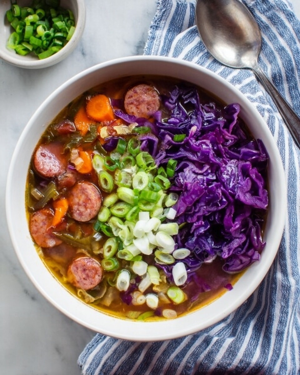 A white bowl sits on a white marbled surface, filled with a colorful soup that has four main layers visible. The base layer is a clear brown broth, topped with orange carrot pieces and round slices of reddish sausage scattered through the soup. To the left side of the bowl, there are small white and green circular slices of green onion, while a larger group of finely chopped dark green onions sits below them. On the right side, there is a generous pile of thin purple cabbage strips, adding texture and color contrast. A striped cloth is partially visible under the bowl, and a spoon rests beside the bowl on the white marbled surface. photo taken with an iphone --ar 4:5 --v 7