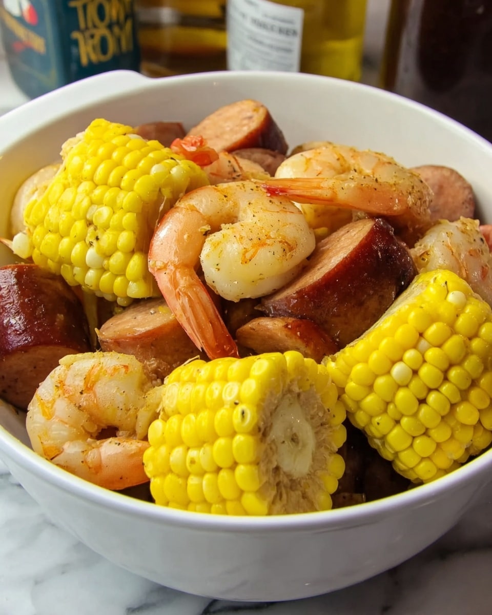 A white bowl filled with four bright yellow corn on the cob pieces, their kernels plump and shiny, placed on top and around a mix of small cooked shrimp with orange-pink shells and several pieces of dark reddish-brown sausage sliced into thick chunks. The textures contrast with the smooth corn, slightly rough shrimp shells, and firm sausage. The bowl sits on a white marbled surface, and in the background, there are more pieces of corn and sausage, along with bottles of sauces blurred out. photo taken with an iphone --ar 4:5 --v 7