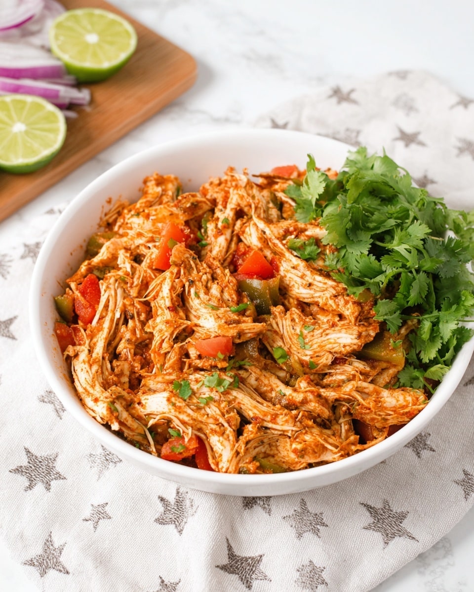 A white bowl filled with shredded cooked chicken pieces mixed with small chunks of red tomatoes and green peppers, topped with fresh bright green cilantro leaves on one side. The chicken looks seasoned with a reddish-orange spice, giving it a warm color, and the textures show tender, stringy meat. The bowl sits on a gray and white patterned cloth on a white marbled surface. In the background, there is a wooden board with diced red onions and lime wedges. Photo taken with an iphone --ar 4:5 --v 7