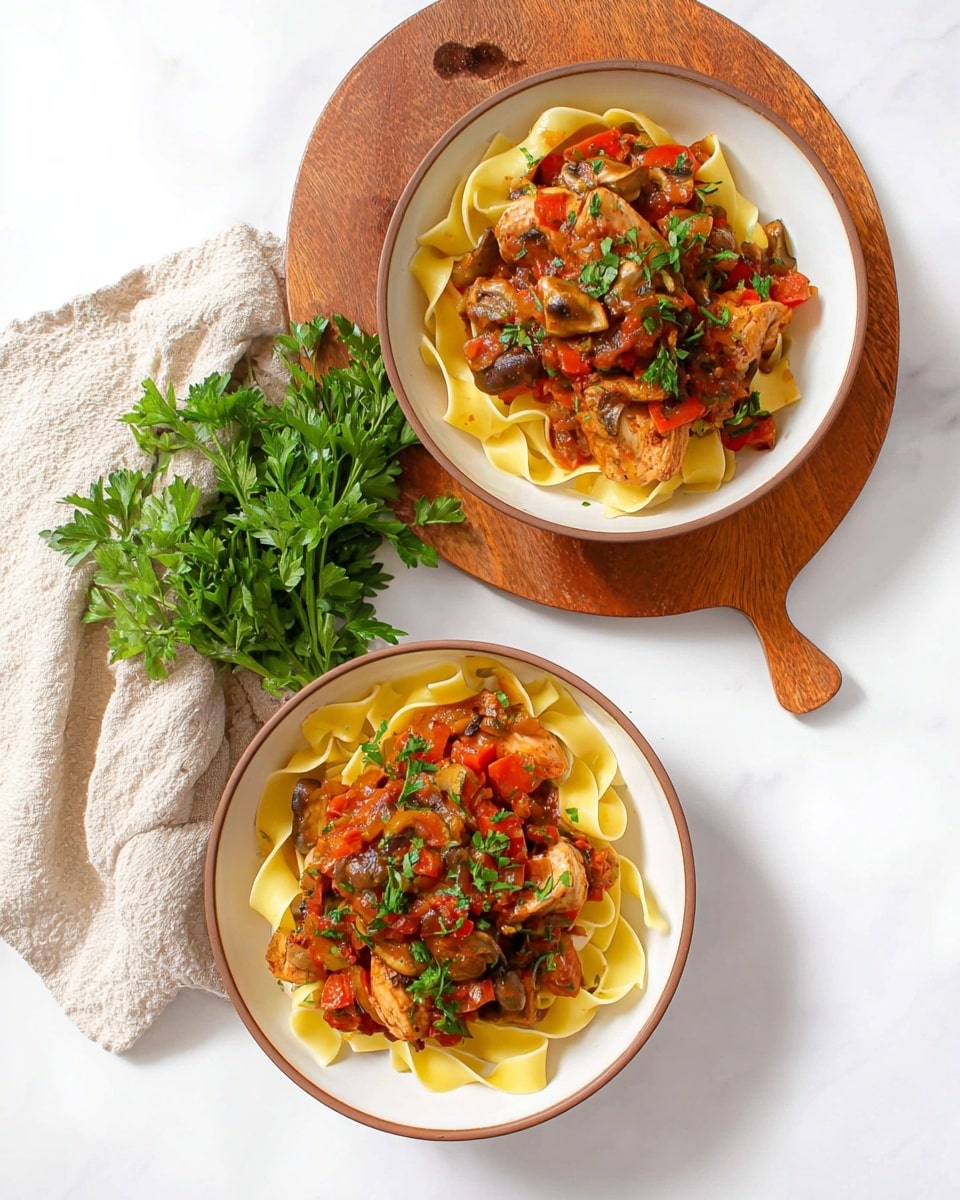 A white bowl sits on a wooden board with wide, flat yellow pasta noodles forming the base layer, arranged loosely around the edges. On top, a thick layer of brown cooked chicken pieces covered with a chunky sauce of red tomatoes, translucent onions, and slices of light brown mushrooms dominates the center. Small bits of green herbs are scattered on top for color contrast. A silver fork and knife rest on the bowl, with the fork partly twirling some pasta. Fresh green celery stalks are placed in the background on a white marbled surface. photo taken with an iphone --ar 4:5 --v 7
