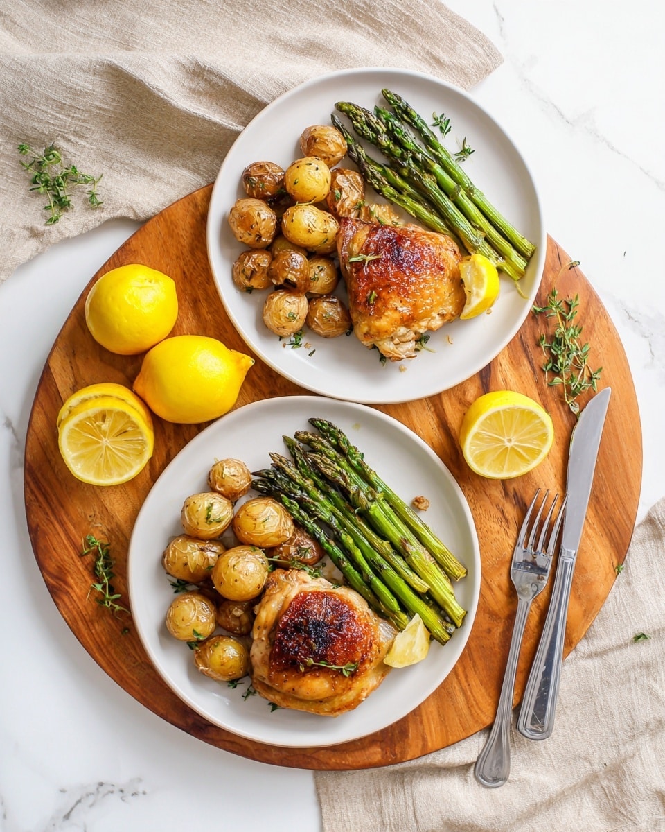 Two white plates sit on a wooden board over a white marbled surface, each plate holding a meal with three parts. One part is a browned chicken piece with a slightly crispy texture, sitting on a layer of soft, light-colored cooked onions. Next to the chicken, there are fresh green asparagus spears laid in a neat bundle. On the opposite side, golden roasted potato halves with a slightly crisp skin and soft inside fill the plate. Small green herb sprigs are placed on top of the chicken and potatoes for decoration. Two whole yellow lemons, one cut in half, are placed near the plates. A silver fork and knife rest on a light gray cloth next to the board. photo taken with an iphone --ar 4:5 --v 7