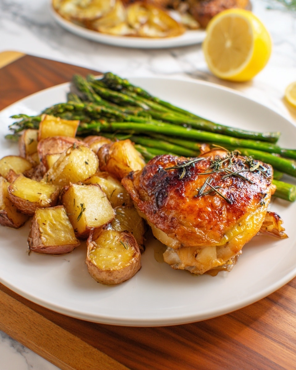 On a white plate sitting on a white marbled surface, there are three main layers of food. On the right side, there is a large piece of golden-brown roasted chicken with a slightly crispy skin, topped with small green herb sprigs. In the middle, a bundle of bright green asparagus spears lies neatly next to the chicken, showing some browning at the tips. On the left side, there is a pile of roasted potato chunks with browned, crispy edges and a slightly soft texture inside. The overall look is warm and inviting, with a fresh and healthy feeling to the dish. photo taken with an iphone --ar 4:5 --v 7