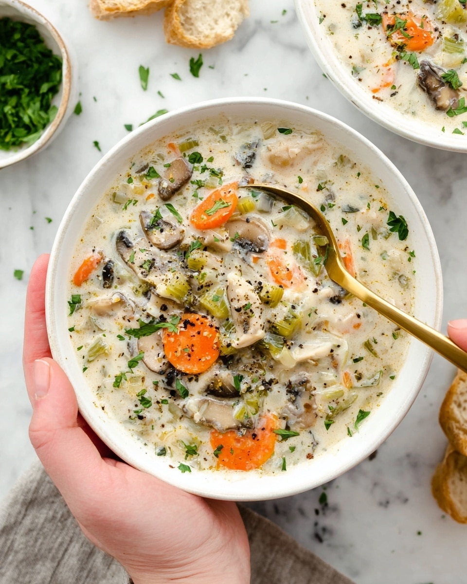 The image shows a white bowl filled with creamy soup containing visible pieces of orange carrots, green herbs, dark mushrooms, light chunks of potatoes, and bits of chicken, all mixed in a thick white broth. The soup is topped with small green herb leaves and a sprinkle of black pepper. A gold spoon is partially submerged in the soup, held by a woman's hand at the bottom of the bowl. Another white bowl with the same soup and a gold spoon is in the top right background. There is a small wooden bowl of green herbs in the top left corner, torn pieces of bread at the bottom left, and a white and black striped cloth near the bowls, all set on a white marbled surface. photo taken with an iphone --ar 4:5 --v 7