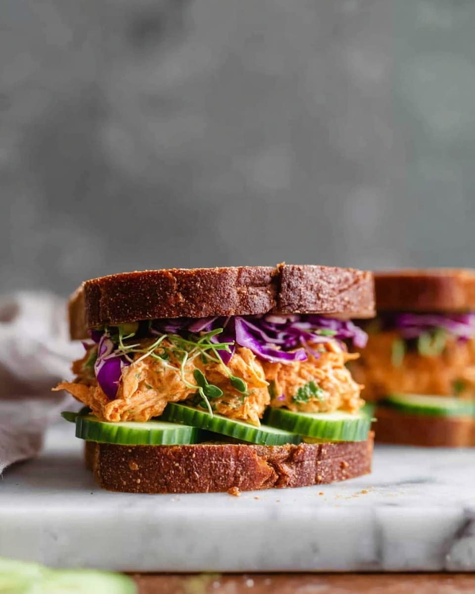 The image shows a sandwich with two slices of brown bread. The bottom slice has a layer of sliced green cucumbers, topped with a layer of purple cabbage and shredded orange filling mixed with green herbs. The top slice of bread sits slightly angled on the filling. The sandwich is on white paper on a surface with a white marbled texture, with a blurred gray background behind. Photo taken with an iphone --ar 4:5 --v 7