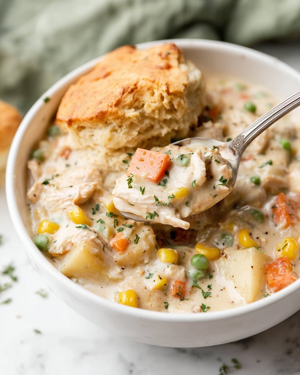 A close-up of a white bowl filled with creamy chicken pot pie soup, showing a thick, light beige broth mixed with layers of diced orange carrots, yellow corn, green peas, and pale yellow potatoes. On top, pieces of flaky, golden brown biscuit crust are partially submerged in the soup. A silver spoon holds a scoop of soup with a piece of biscuit crust, carrots, potatoes, peas, and a bit of chicken, all coated in the creamy broth. The bowl is placed on a white marbled surface with a soft, blurred background. Photo taken with an iphone --ar 4:5 --v 7