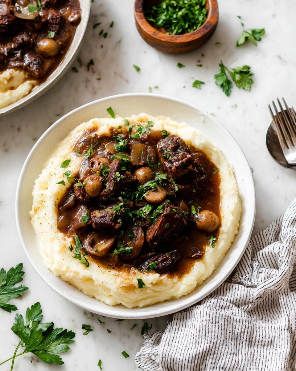 The image shows two plates of food on a white marbled surface, each with a base layer of creamy mashed potatoes in soft white color with a smooth, slightly fluffy texture. On top of the mashed potatoes, there is a rich dark brown stew with chunks of tender meat and round, light golden pearl onions, adding a glossy and hearty look. The stew is garnished with fresh green parsley leaves scattered on top and around the plate for a pop of color. The plate with the stew and mashed potatoes is a white bowl with a subtle brown rim. Nearby, there is a small white bowl filled with chopped green parsley, a fork and a striped cloth napkin on the right. photo taken with an iphone --ar 4:5 --v 7