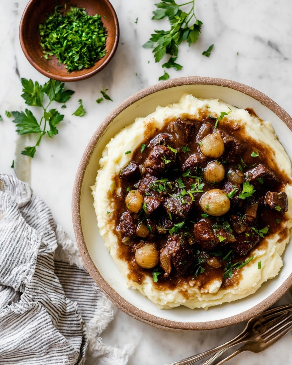 A white plate holds a dish with two layers: the bottom layer is creamy mashed potatoes, smooth and off-white, spread evenly in a circular shape. The top layer is a thick, dark brown beef stew with chunks of tender meat, pearl onions, and mushrooms, all coated in a rich sauce. The stew is scattered with fresh green parsley leaves, adding a pop of color. Around the plate, there are loose parsley leaves and a small wooden bowl with chopped herbs on a white marbled surface. A striped cloth and silver fork and knife are partially visible at the side. Photo taken with an iphone --ar 4:5 --v 7