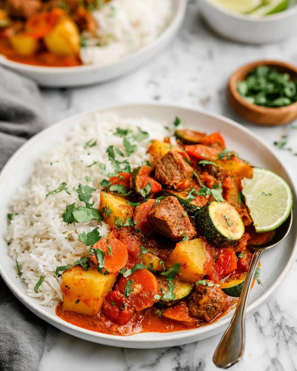 A white plate holds a layer of fluffy white rice as the base. On top, there are chunks of cooked meat mixed with thick slices of orange carrots, green zucchini, and yellow potatoes, all covered in a rich red sauce. Bright green cilantro leaves are sprinkled over the dish, adding a fresh contrast. A wedge of lime sits on the side of the plate. A silver spoon rests on the edge of the plate, and the plate is set on a white marbled surface. In the background, there is a blurred bowl of chopped cilantro and another plate with a similar dish, out of focus. Photo taken with an iphone --ar 4:5 --v 7