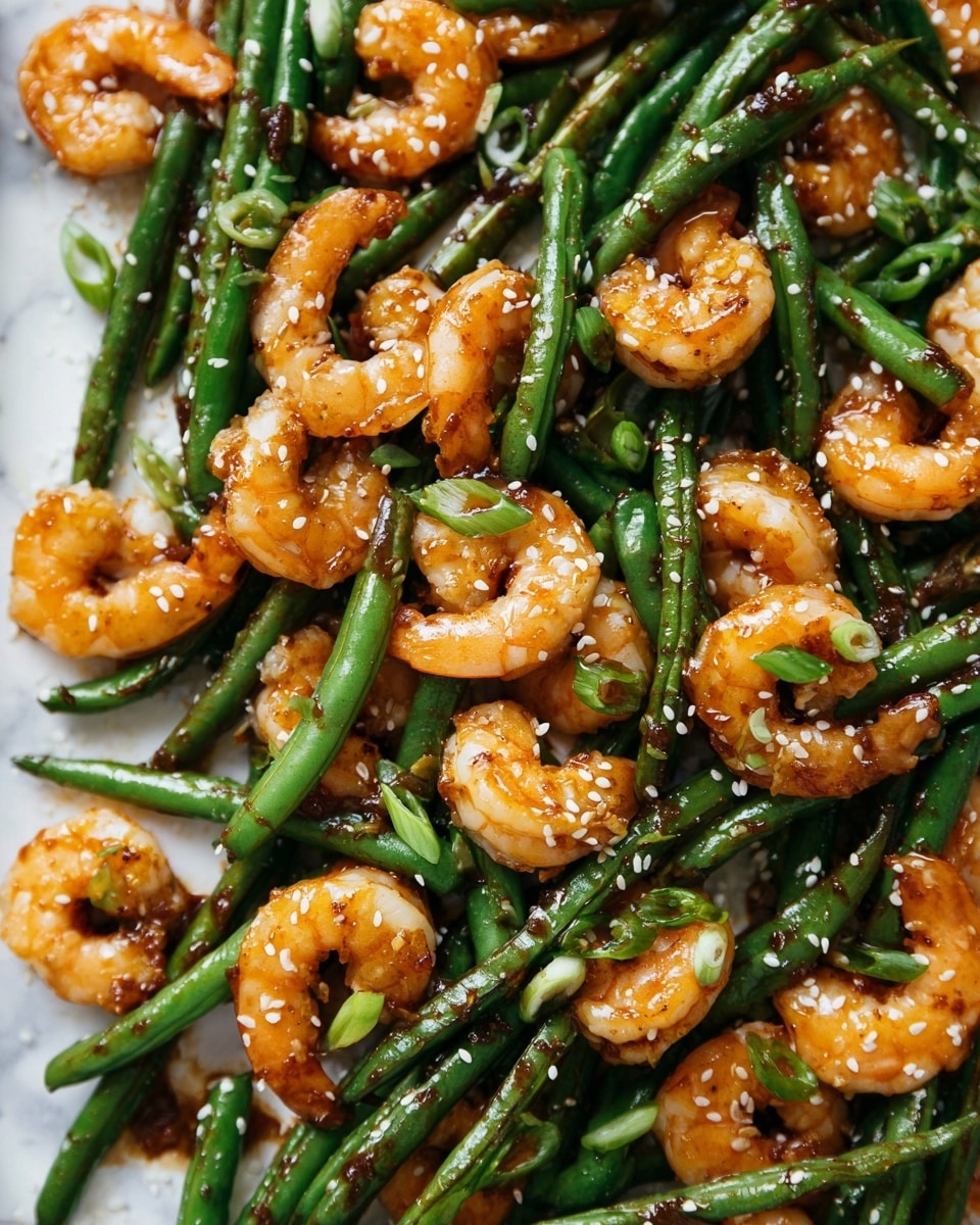 The dish shows a close-up of sautéed shrimp and green beans laid out on a white plate. There are about two layers: the first layer is made up of bright green, glossy, cooked green beans scattered all over the plate. The second layer includes plump, orange-pink shrimp mixed among the green beans, with a shiny, slightly oily texture. Small white sesame seeds and red chili flakes are sprinkled evenly across the shrimp and beans, adding texture and color contrast. Some pieces of chopped green onions add a fresh green touch. The plate rests on a white marbled surface. photo taken with an iphone --ar 4:5 --v 7