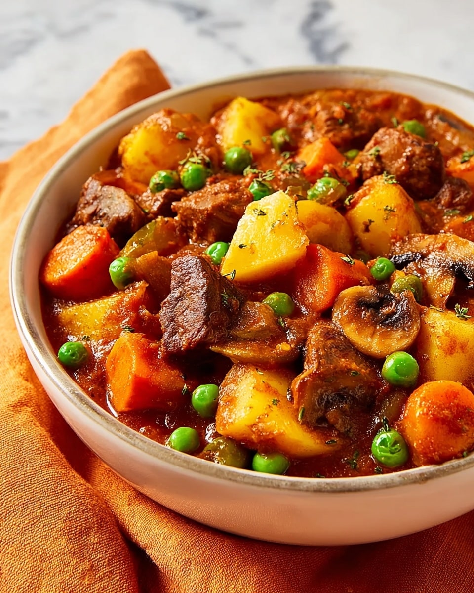 The image shows a bowl filled with a colorful stew made of several layers of chunky ingredients. The bottom layer has bright yellow potatoes, orange carrots, and light brown mushrooms cut into pieces. Scattered throughout are small, round green peas adding a pop of color. The stew is coated in a light brown sauce that gives a soft, wet texture to the vegetable layers. The pieces of meat are dark brown, mixed evenly with the veggies, making the dish look hearty and warm. The bowl is white and sits on a white marbled surface with an orange cloth nearby. Photo taken with an iphone --ar 4:5 --v 7
