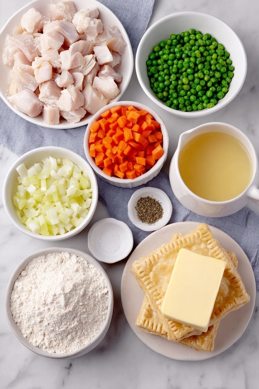 Flat lay of a small pile of cubed skinless, boneless chicken breast halves, a small mound of bright orange sliced carrots, a handful of fresh green peas scattered naturally, a small pile of pale green sliced celery, a pat of rich yellow butter on a white ceramic plate, finely chopped white onion arranged neatly in a small white bowl, a small white bowl with fine all-purpose flour, a tiny heap of coarse salt, a tiny heap of ground black pepper, a tiny heap of celery seeds, a small white bowl filled with golden chicken broth, a small white bowl of fresh creamy milk, two unbaked golden pie crusts stacked slightly overlapping on a simple white ceramic plate placed on a clean white marble surface, soft natural light, photo taken with an iPhone, professional food photography style, fresh ingredients, white ceramic bowls, no bottles, no duplicates, no utensils, no packaging --ar 2:3 --v 7 --p awthu7i m7354615311229779997 - Homemade Chicken Pot Pie, Chicken Pot Pie from scratch, best chicken pot pie recipe, flaky chicken pot pie, comforting chicken pot pie