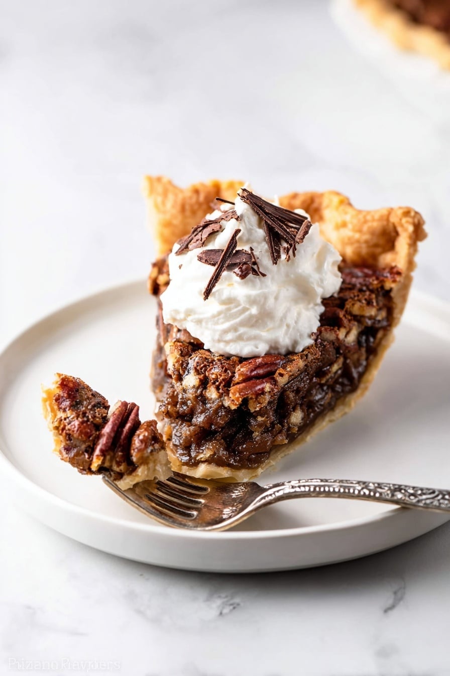 A slice of pecan pie sits on a simple white plate placed on a white marbled surface. The pie slice has three clear layers: a golden, flaky crust at the bottom and edges, a thick, dark brown filling packed with whole pecans in the middle, and a glossy finish of toasted pecans on top. Sitting on the center of the pie is a dollop of white whipped cream topped with thin, dark chocolate shavings. A silver fork with intricate designs rests on the plate, holding a small piece of pie with some whipped cream. Photo taken with an iphone --ar 2:3 --v 7 - Dark Chocolate Pecan Pie, chocolate pecan pie, decadent pecan dessert, homemade pecan pie with dark chocolate, festive chocolate pecan pie