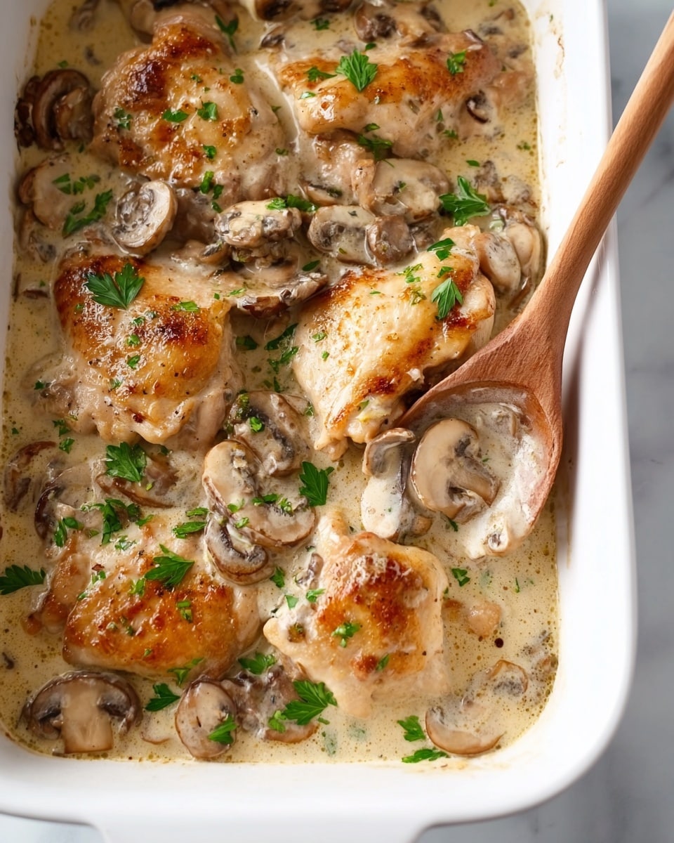 The image shows a white rectangular baking dish filled with creamy chicken and mushrooms. The dish has several chicken pieces on top, covered in thick beige sauce with visible sliced mushrooms scattered throughout. Fresh green parsley leaves are placed on top as garnish, adding a bright contrast to the creamy sauce. On the right side, a wooden spoon partly covered in sauce rests inside the dish. The background is a white marbled surface. Photo taken with an iphone --ar 2:3 --v 7 - Creamy Chicken Mushroom Casserole, Chicken Mushroom Casserole, Chicken and Mushroom Bake, Easy Chicken Casserole, Comfort Food Recipes