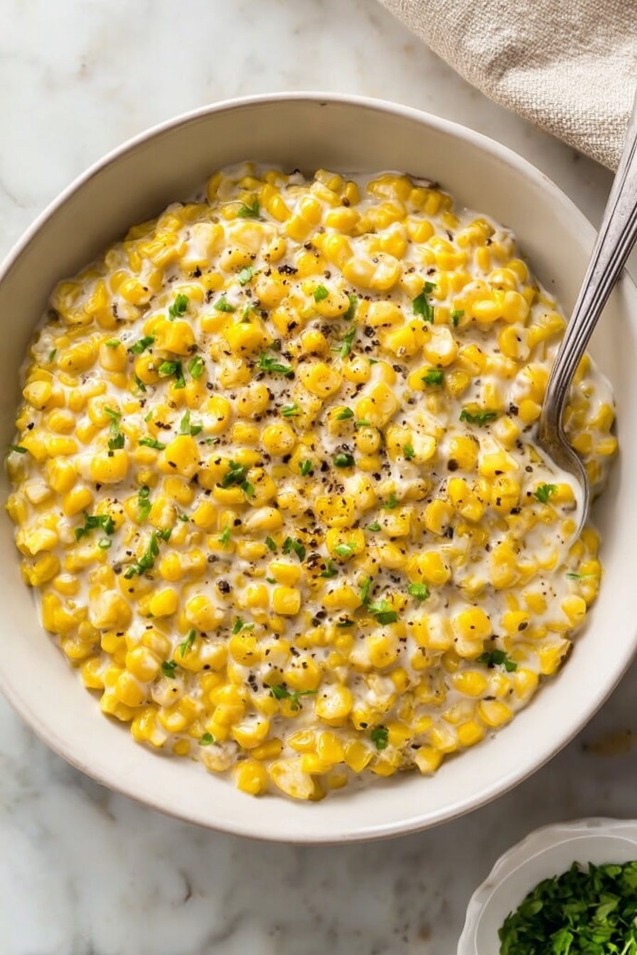 A white bowl filled with creamy corn, made of bright yellow corn kernels mixed in a smooth white sauce. The corn is sprinkled with small black pepper pieces and chopped green herbs on top, giving it a fresh look. A silver spoon rests inside the bowl on the right side. The bowl sits on a white marbled surface, with part of a small white dish holding green herbs visible at the bottom right corner. Photo taken with an iphone --ar 2:3 --v 7 - Creamed Corn with Parmesan, Creamed Corn with Parmesan, cheesy creamed corn, creamy corn side dish, Parmesan corn recipe