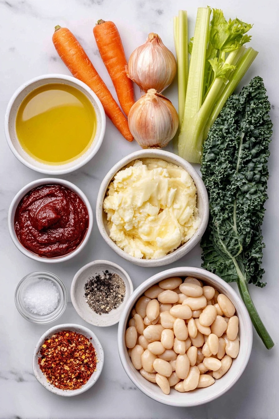 Flat lay of a small white ceramic bowl of golden olive oil, three fresh shallots with papery skins, four plump garlic cloves unpeeled, two bright orange carrots with green tops, three crisp green celery stalks, a small white ceramic bowl containing deep red tomato paste, a white ceramic bowl filled with creamy white cannellini beans, a small white ceramic bowl of clear light vegetable broth, fresh dark green kale leaves, small white ceramic bowls holding coarse sea salt, cracked black peppercorns, mixed Italian seasoning herbs, and vibrant red pepper flakes, all arranged symmetrically and balanced, placed on a clean white marble surface, soft natural light, photo taken with an iPhone, professional food photography style, fresh ingredients, white ceramic bowls, no bottles, no duplicates, no utensils, no packaging --ar 2:3 --v 7 --p awthu7i m7354615311229779997 - Hearty Tuscan White Bean Soup, white bean soup, Tuscan bean soup recipe, hearty Italian bean soup, quick veggie soup