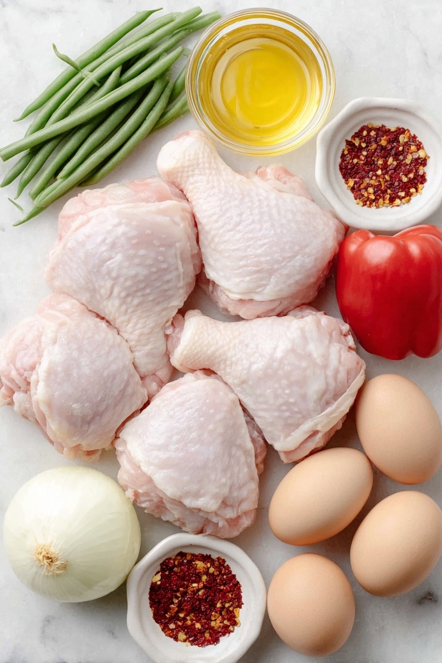 Flat lay of four raw chicken leg quarters with smooth skin, a small cluster of fresh green beans, one whole red bell pepper sliced in half, one small white onion cut in half showing layers, a small ripe tomato cut in half, a few thin slices of fresh ginger root, a small white ceramic bowl filled with golden honey, a small white ceramic bowl with dark soy sauce, another small white ceramic bowl containing bright red chili flakes, a small white ceramic bowl of pale yellow lemon juice, and three whole brown eggs with clean shells, arranged in perfect symmetry on a clean white ceramic surface, placed on a clean white marble surface, soft natural light, photo taken with an iPhone, professional food photography style, fresh ingredients, white ceramic bowls, no bottles, no duplicates, no utensils, no packaging --ar 2:3 --v 7 --p awthu7i m7354615311229779997 - Honey Soy Glazed Chicken Breasts, easy chicken dinner recipes, juicy baked chicken, flavorful chicken recipes, weeknight chicken meals