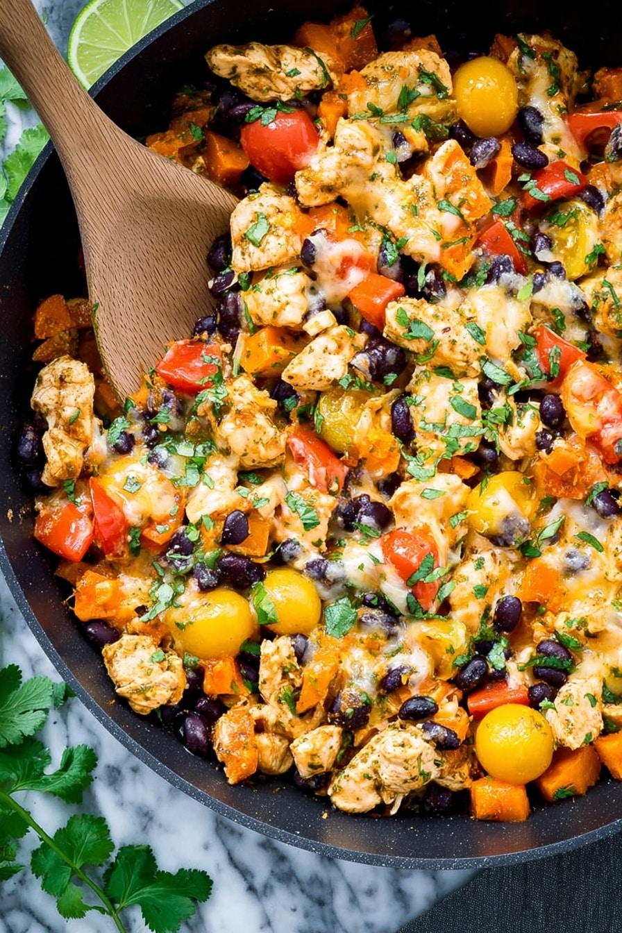 The dish is a colorful mix of small pieces of cooked chicken, chunks of bright orange vegetables, black beans, and halved yellow cherry tomatoes, all in a black pan. Lightly melted yellow and white cheese is scattered on top, blending with the ingredients. Small green fresh herb leaves are sprinkled over the dish, adding a fresh touch. A wooden spoon rests inside the pan on the left side, partially covered by the food. The background shows a white marbled texture with some green herb leaves and lime wedges partly visible near the bottom. photo taken with an iphone --ar 2:3 --v 7 - Harvest Chicken and Veggie Skillet, Chicken and Veggie Skillet, Fall Comfort Food Dinner, One-Pan Chicken and Veggie Meal, Easy Harvest Skillet Recipe