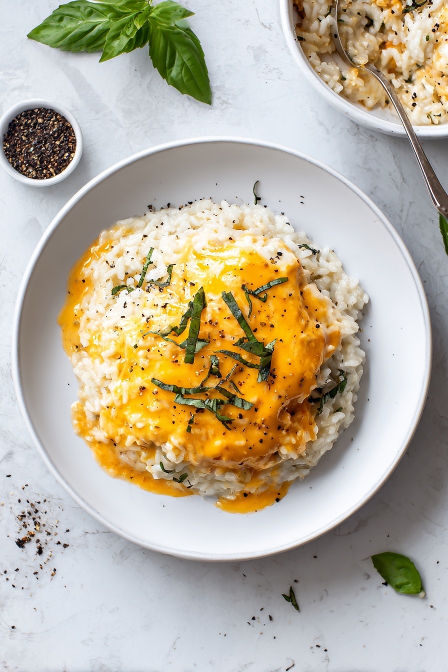 The dish is in a white oval baking dish placed on a white marbled surface with a striped cloth partially visible next to it. The dish has three large, golden-orange melted cheese-covered pieces evenly spaced on top. Beneath the cheese, a creamy, light beige rice or grain mixture fills the dish, with some darker brown specks. Fresh green basil leaves are scattered over the top, adding a bright splash of color. The cheese looks soft and slightly bubbly, and there is a light sprinkle of black pepper over everything. Photo taken with an iphone --ar 2:3 --v 7 - Creamy Chicken and Rice Casserole, easy chicken casserole, cheesy chicken dinner, comfort food casserole, one-pan chicken and rice