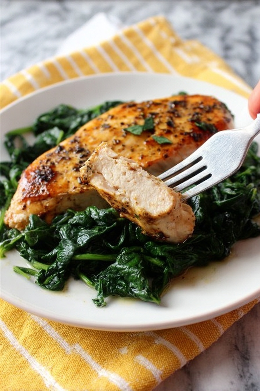 The image shows a white plate with two main layers: the bottom layer is dark green cooked spinach with a soft, slightly shiny texture, spread evenly to cover the plate's base. On top of the spinach lies a larger piece of golden-brown grilled chicken breast with some black seasoning bits visible, showing a slightly crispy surface. A woman's hand is holding a fork that picks up a smaller piece of the chicken, revealing the light, tender inner part of the meat. The plate rests on a yellow and white striped cloth, and the background is a white marbled surface. photo taken with an iphone --ar 2:3 --v 7 - Balsamic Glazed Chicken, balsamic glazed chicken dinner, easy balsamic chicken recipe, flavorful chicken with balsamic glaze, quick chicken recipes