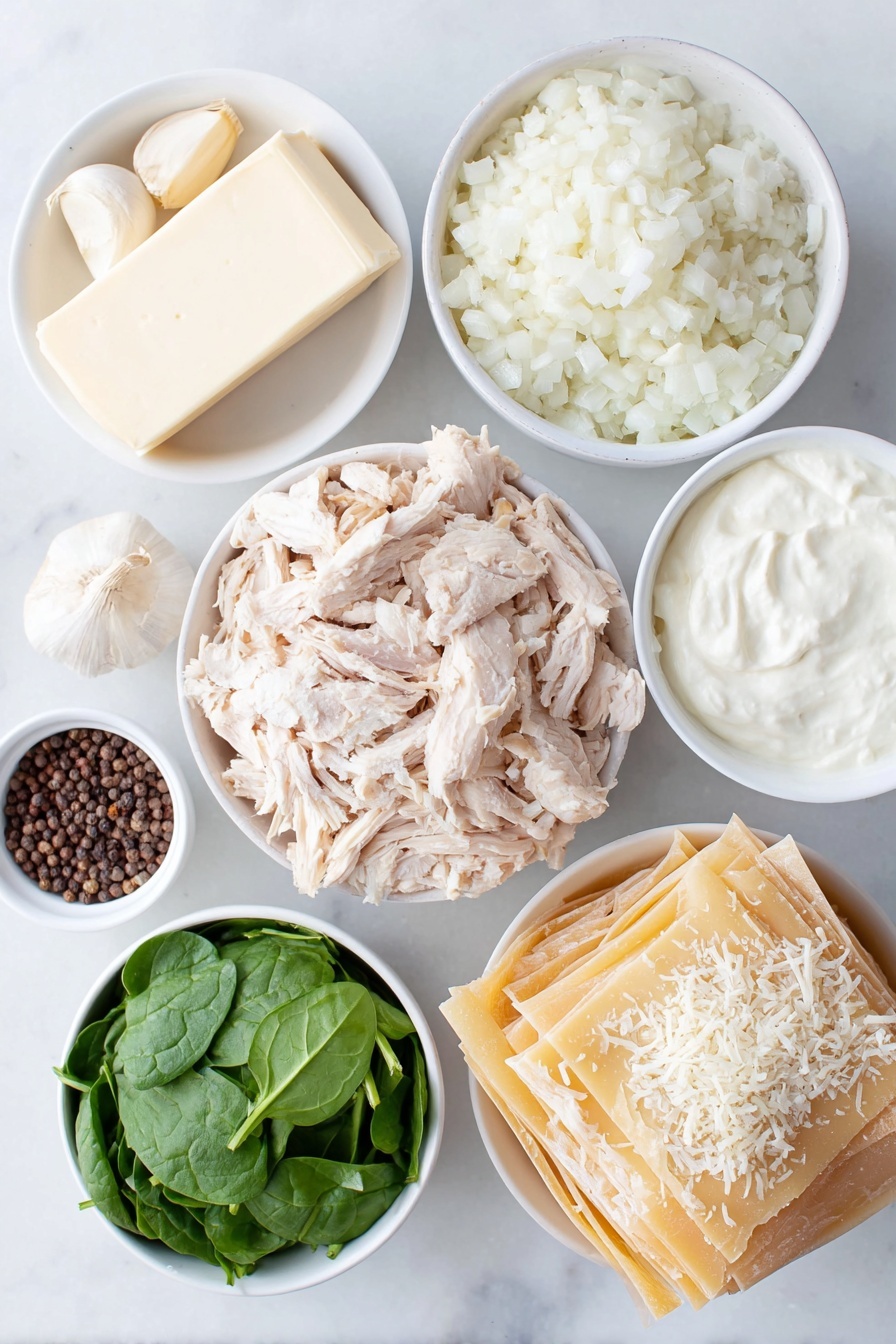Flat lay of unsalted butter pat, two peeled garlic cloves, one cup chopped onion in a simple white ceramic bowl, fresh baby spinach leaves loose and vibrant, heavy cream in a small white ceramic bowl, grated parmesan cheese in a small white ceramic bowl, ricotta cheese dollop in a small white ceramic bowl, black peppercorns scattered neatly, coarse salt crystals in a small white ceramic bowl, shredded rotisserie chicken pile, cooked lasagna noodles stacked, shredded mozzarella cheese in a small white ceramic bowl, all arranged symmetrically on a clean white marble surface, soft natural light, photo taken with an iPhone, professional food photography style, fresh ingredients, white ceramic bowls, no bottles, no duplicates, no utensils, no packaging --ar 2:3 --v 7 --p m7354615311229779997 - Creamy Chicken Alfredo Lasagna, creamy chicken alfredo lasagna, chicken alfredo lasagna, cheesy chicken lasagna, comforting pasta casserole