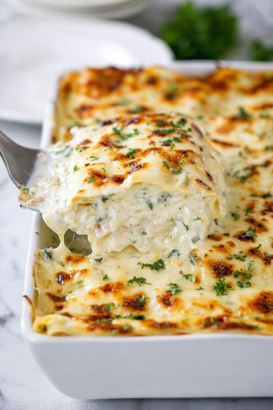 A white casserole dish filled with a creamy, baked spinach and cheese pasta bake, showing a golden browned top layer of melted cheese sprinkled with fresh green chopped parsley. A scoop full of the pasta bake is lifted by a metal spoon, revealing three layers: the top browned cheese layer, a thick middle creamy white sauce with bits of dark green spinach, and a bottom pasta layer with a soft, slightly uneven texture. The background features a white marbled surface with blurred white dishware, creating a clean and bright setting. photo taken with an iphone --ar 2:3 --v 7 - Creamy Chicken Alfredo Lasagna, creamy chicken alfredo lasagna, chicken alfredo lasagna, cheesy chicken lasagna, comforting pasta casserole
