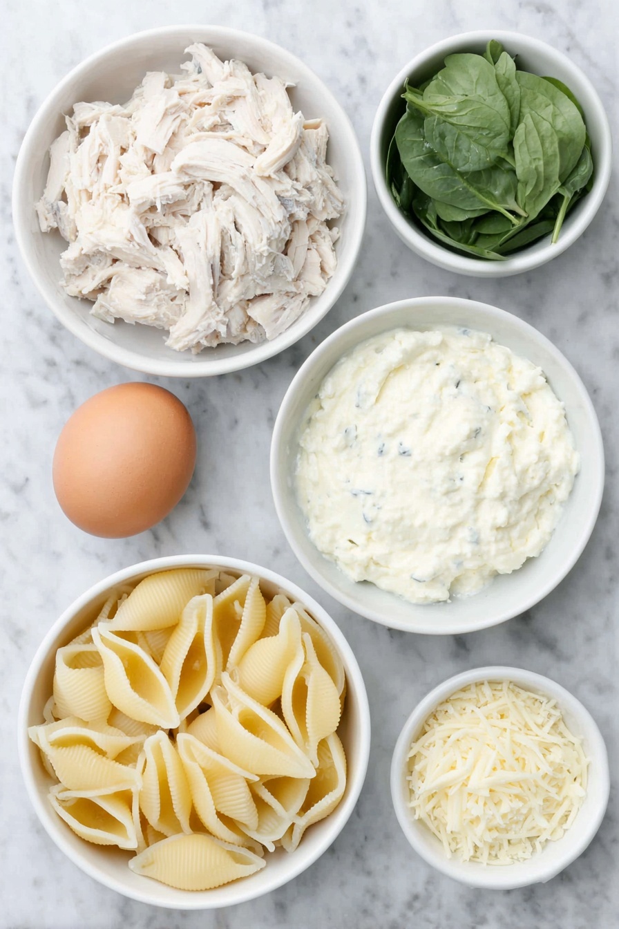 Flat lay of a small pile of dry jumbo pasta shells, a mound of shredded cooked chicken, a small heap of fresh wilted spinach leaves (representing thawed chopped spinach), a white ceramic bowl filled with creamy ricotta cheese, a white ceramic bowl of shredded mozzarella cheese, a small white ceramic bowl with grated Parmesan cheese, one whole uncracked brown egg, a few fresh basil leaves, a small white ceramic bowl containing smooth Alfredo sauce, and a small white ceramic bowl with a mixture of salt, garlic powder, and a pinch of ground nutmeg, all arranged symmetrically with perfect balance, placed on a clean white marble surface, soft natural light, photo taken with an iPhone, professional food photography style, fresh ingredients, white ceramic bowls, no bottles, no duplicates, no utensils, no packaging --ar 2:3 --v 7 --p m7354615311229779997 - Creamy Chicken Stuffed Shells with Spinach, stuffed pasta with chicken and spinach, cheesy stuffed shells recipe, easy chicken pasta bake, creamy spinach stuffed shells