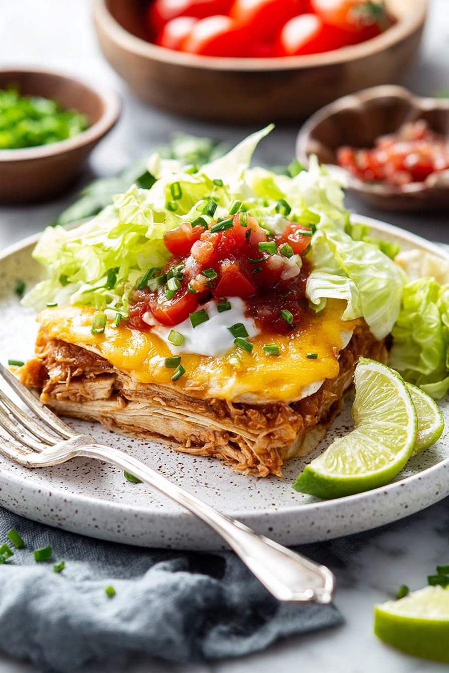 A slice of layered dish with three visible layers: a golden melted cheese layer on top, a light brown thin tortilla layer, and a shredded chicken layer mixed with sauce underneath, served on a white speckled plate. On top of the dish, fresh green lettuce leaves, halved red cherry tomatoes, a dollop of red salsa, and chopped green chives add fresh colors. Two lime wedges sit on the right side of the plate. A silver fork rests at the front of the plate on a grayish-blue cloth, and in the blurred background, there are bowls with more cherry tomatoes and salsa on a white marbled surface. Photo taken with an iphone --ar 2:3 --v 7 - Easy Chicken Quesadilla Casserole, cheesy chicken casserole, quick dinner ideas, simple chicken casserole recipe, family-friendly casserole