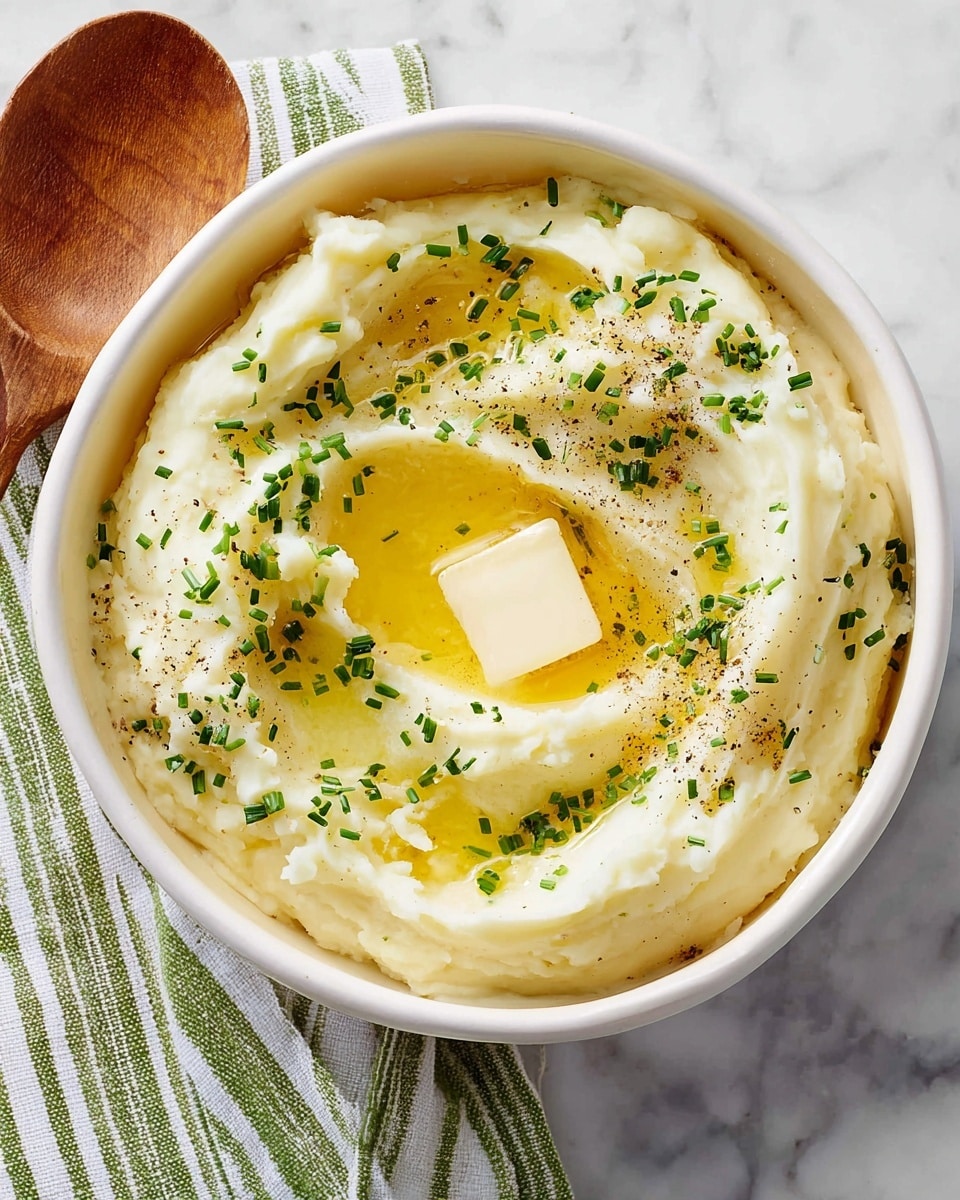 A white bowl filled with smooth, creamy mashed potatoes showing soft, swirled textures on top. Two small squares of melting butter rest near the center, surrounded by a light pool of melted butter with tiny green chives sprinkled over it. Black pepper dots the surface lightly. A wooden spoon is partially submerged in the mashed potatoes, resting on the right side of the bowl. The bowl sits on a white marbled surface. photo taken with an iphone --ar 4:5 --v 7