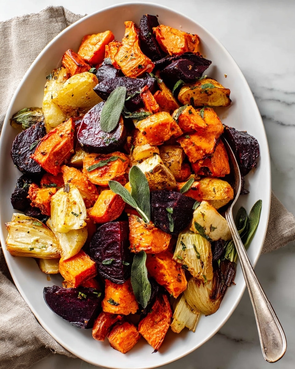 A white oval plate filled with a colorful mix of roasted vegetables in about four layers: the bottom layer has chunks of bright orange sweet potatoes and pale yellow parsnips; scattered on top are dark purple beet pieces and more roasted parsnip strips; fresh green herb leaves (sage) are spread across the vegetables; a silver spoon lies at the front edge of the plate. The colors are warm and vibrant with visible seasoning and a slightly crispy texture. The background is a white marbled surface with a beige cloth partially visible at the bottom right corner. Photo taken with an iphone --ar 4:5 --v 7