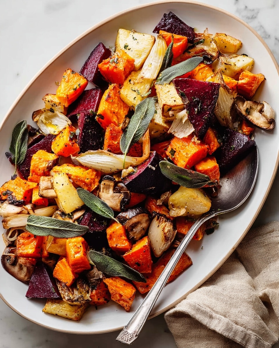 A white oval plate filled with a colorful mix of roasted vegetables, including orange chunks of sweet potato, deep purple beet pieces, pale yellow parsnips, and lighter tan mushrooms, all roasted to a slightly crisp texture. The vegetables are scattered with whole green sage leaves and sprinkled with coarse black pepper and herbs. A silver spoon rests on the bottom left side of the plate, partially under the vegetables. The plate sits on a white marbled surface with a light beige cloth napkin partially visible under the plate on the lower right side. Photo taken with an iphone --ar 4:5 --v 7