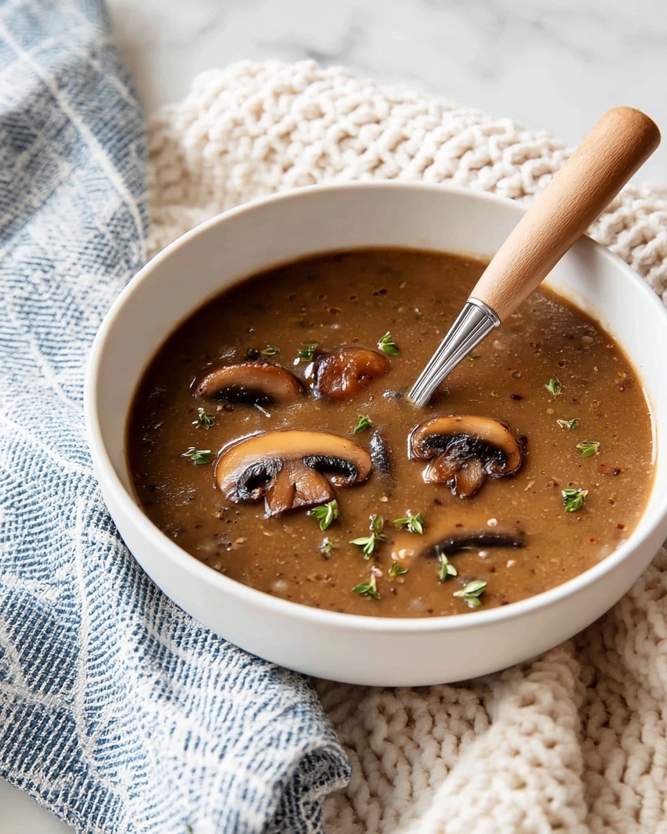 A white bowl filled with thick brown mushroom soup showing several slices of light brown mushrooms floating on top. Small bright green herb leaves are sprinkled over the soup. A silver spoon rests inside the bowl, and the bowl has a light wooden handle attached. The bowl sits on a chunky cream knitted cloth and a folded blue and beige checkered cloth on a white marbled surface. photo taken with an iphone --ar 4:5 --v 7