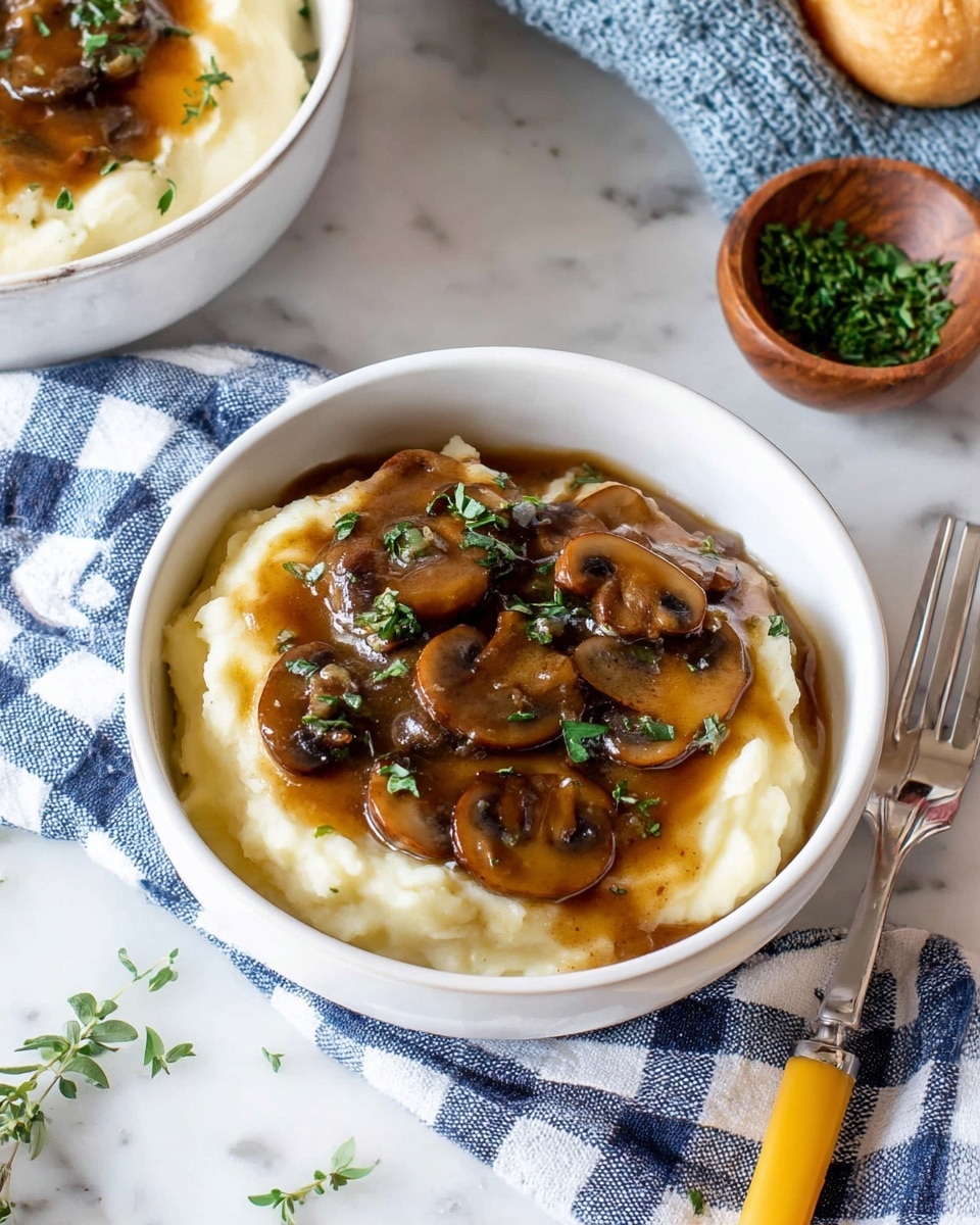 A white bowl holds creamy mashed potatoes with a smooth and soft texture, forming the base layer. On top, there is a thick brown mushroom gravy with visible mushroom slices and small herb pieces, covering the center. The dish is finished with scattered fresh green herbs over the mashed potatoes and gravy. The bowl sits on a white marbled surface next to a blue and white checkered cloth and a large green sage leaf. photo taken with an iphone --ar 4:5 --v 7