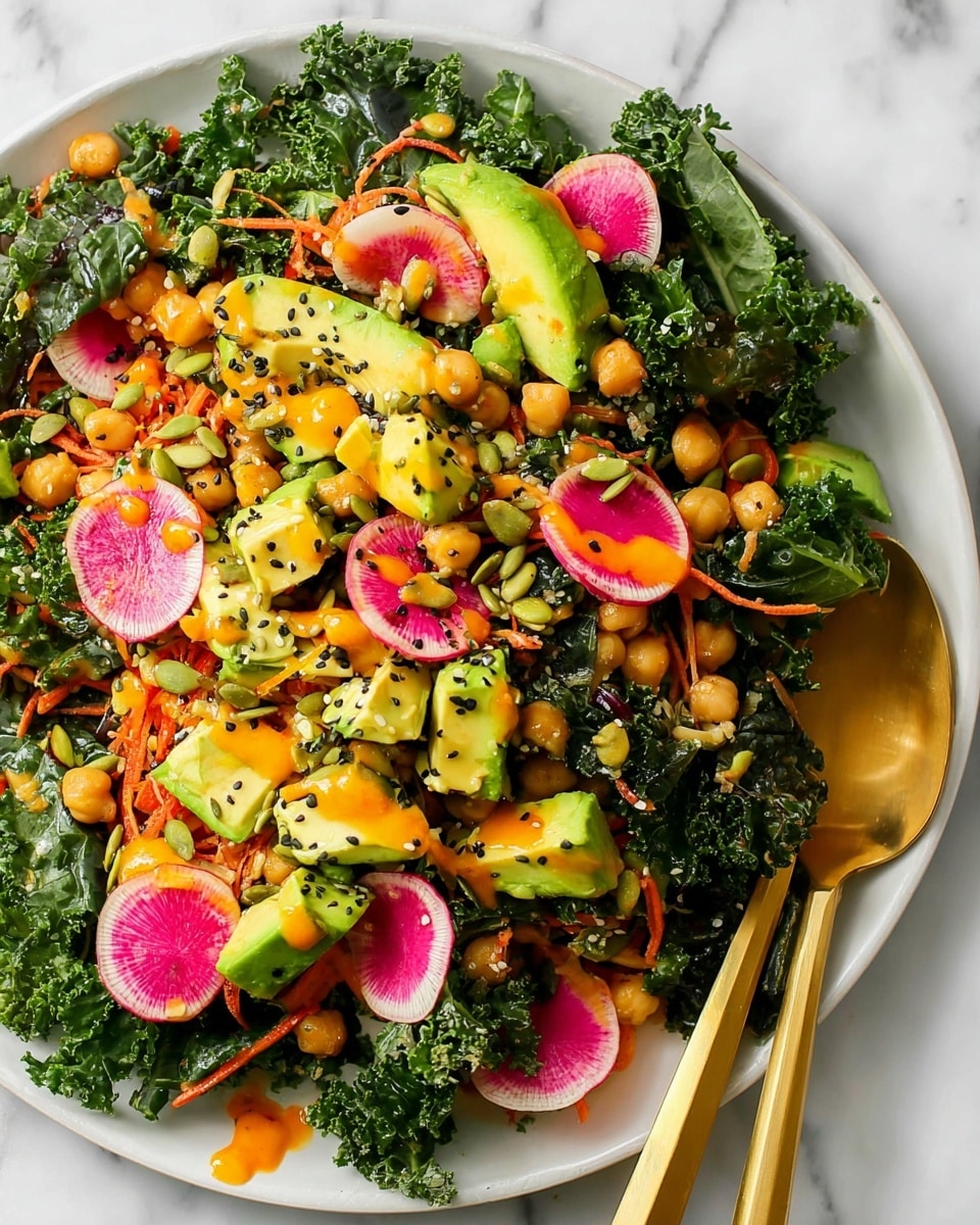 A white bowl filled with a colorful layered salad sits on a white marbled surface. The bottom layer is dark green kale leaves that look fresh and curly. On top are chopped bright green avocado pieces and slices of watermelon radish with a white and pink gradient. Scattered throughout are golden chickpeas and light orange shredded carrots. The salad is sprinkled with black and white sesame seeds and pumpkin seeds for texture. A light orange-yellow dressing is drizzled over the top, adding a glossy finish. A gold salad tong rests in the bowl, partially covered by the salad. photo taken with an iphone --ar 4:5 --v 7