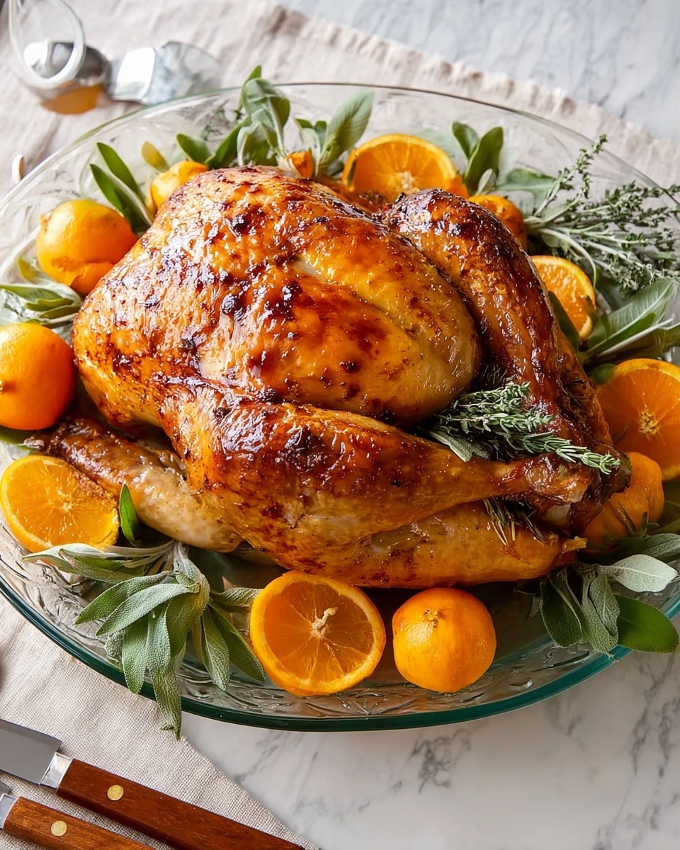A whole roasted turkey with shiny, golden-brown skin sits in the center of a clear glass plate. Around the turkey, there are three whole bright orange mandarins and several slices of orange showing their juicy inside. Fresh green herbs like rosemary and sage are spread out in a circle under and around the turkey, adding texture and color contrast. The plate is placed on a white marbled surface with a woman's hand reaching from the side, holding cutlery with wooden handles visible in the bottom left corner. Photo taken with an iphone --ar 4:5 --v 7