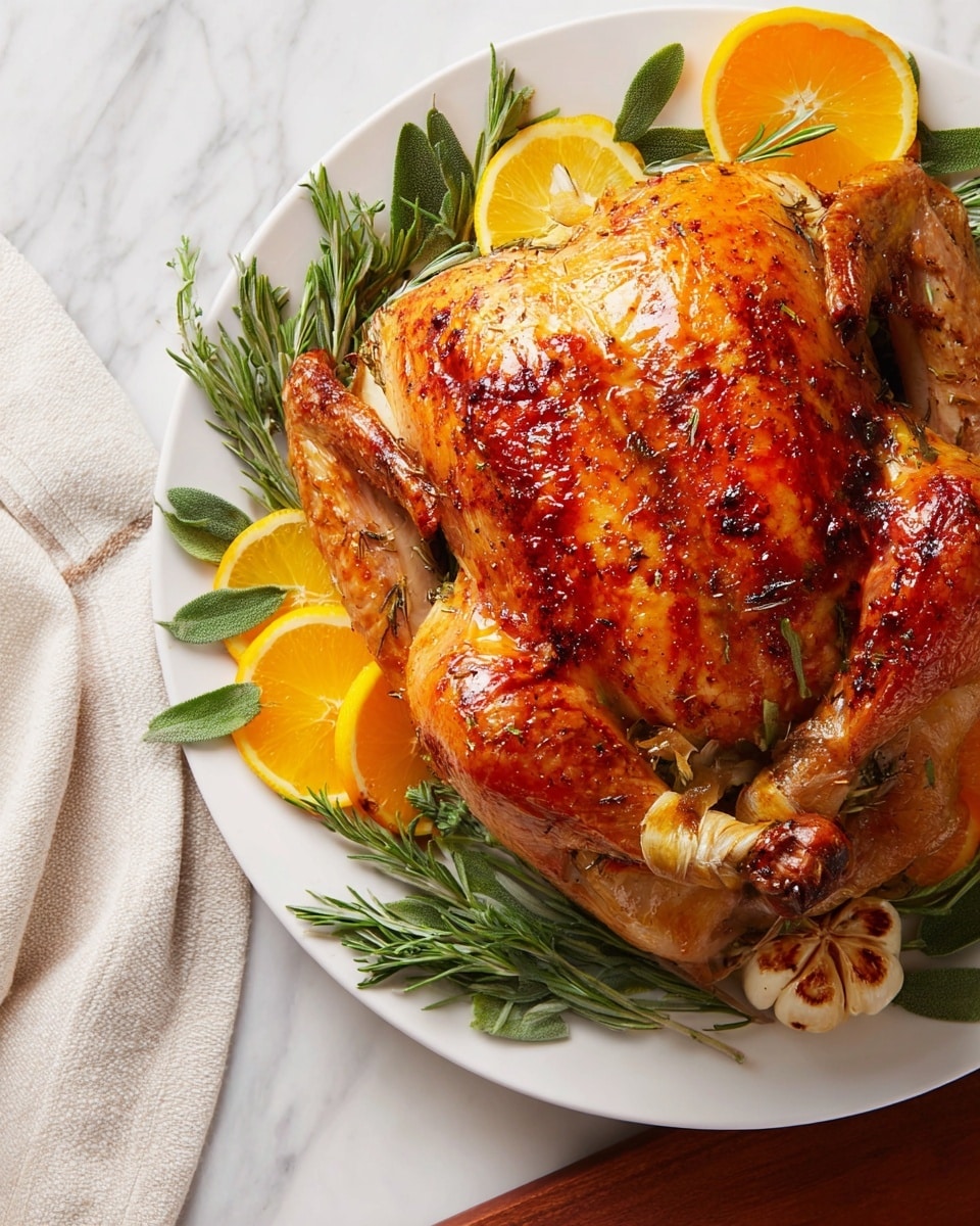 A whole roasted chicken with golden brown, crispy skin sits on a white oval plate. The chicken is centered with wings and legs slightly spread out, showing a shiny, well-cooked texture with darker brown areas on the breast and wings. Around the chicken, there are fresh green rosemary and bay leaves placed as garnish against the white marbled surface. A silver meat fork is resting on the left side of the plate, partially touching the chicken. The lighting highlights the moist, glossy surface of the chicken skin. photo taken with an iphone --ar 4:5 --v 7