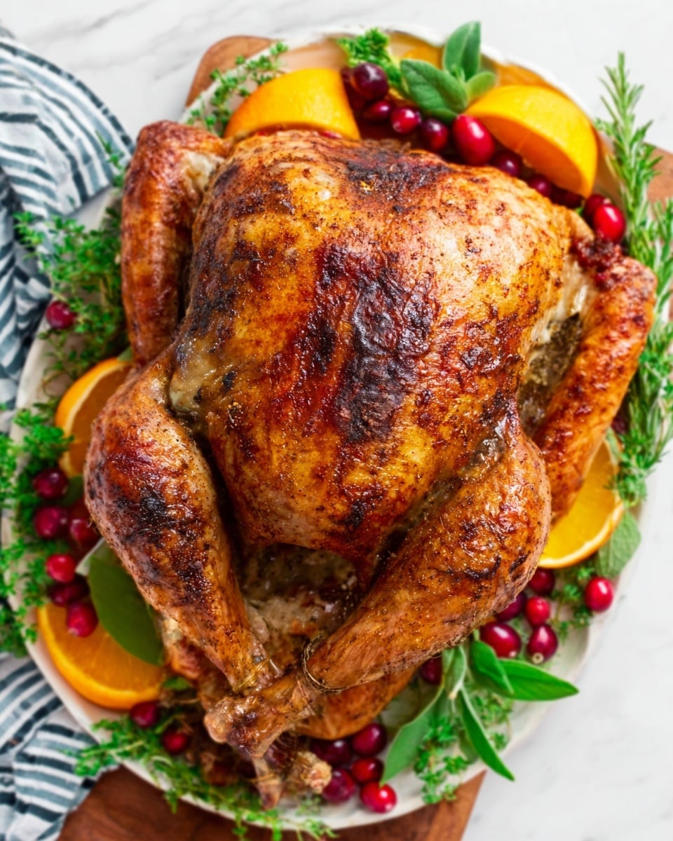 A whole roasted chicken with a rich golden brown and slightly crispy skin lays centered on a white plate. The chicken is surrounded by slices of bright orange, green herbs, and holly with red berries for decoration. The chicken appears juicy with nicely browned legs and wings resting naturally on the plate. The dish is placed on a white marbled surface with a blue and white striped cloth partially visible in the background. photo taken with an iphone --ar 4:5 --v 7